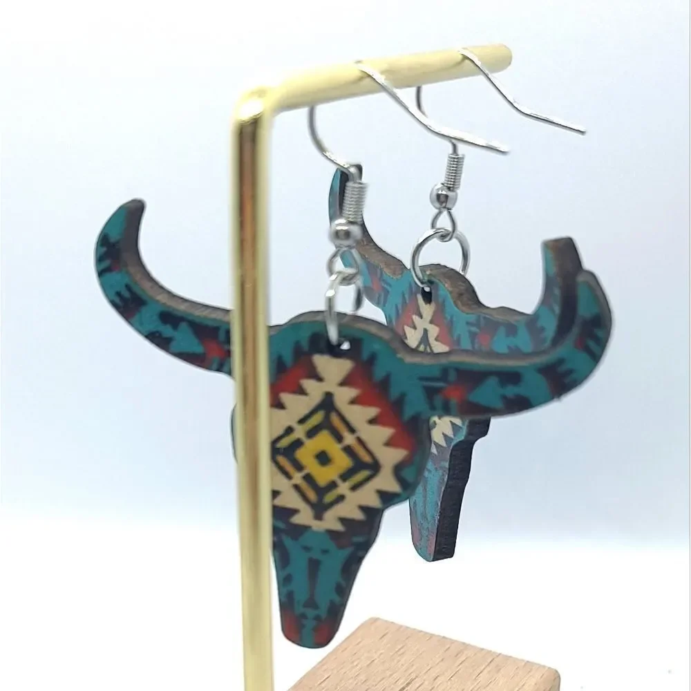 Longhorn Skull Earrings Southwestern Cowgirl Aztec Steer Western Wood Dangle